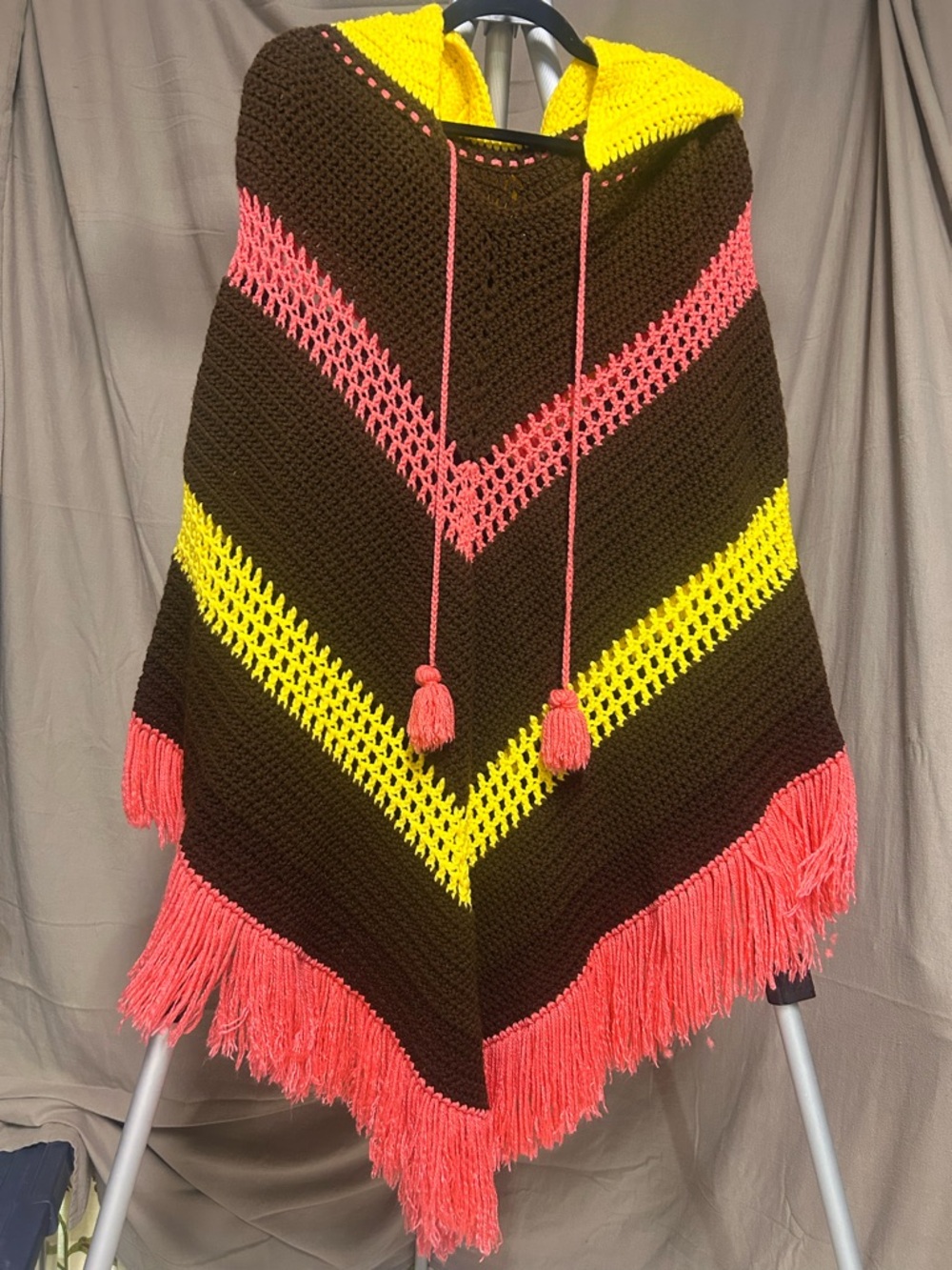 Handmade crochet poncho one size BoHo style fringe hooded